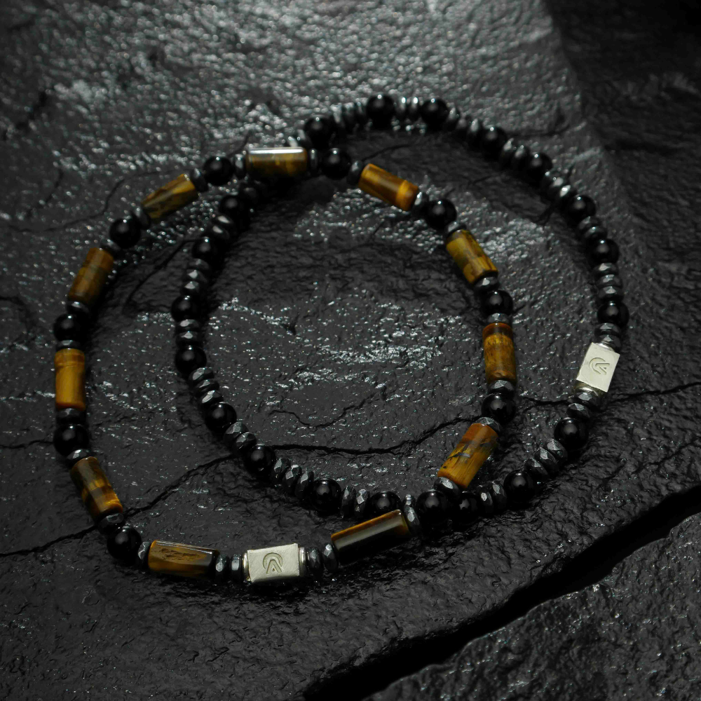 Pulseira Masculina Ágata Negra e Olho de Tigre