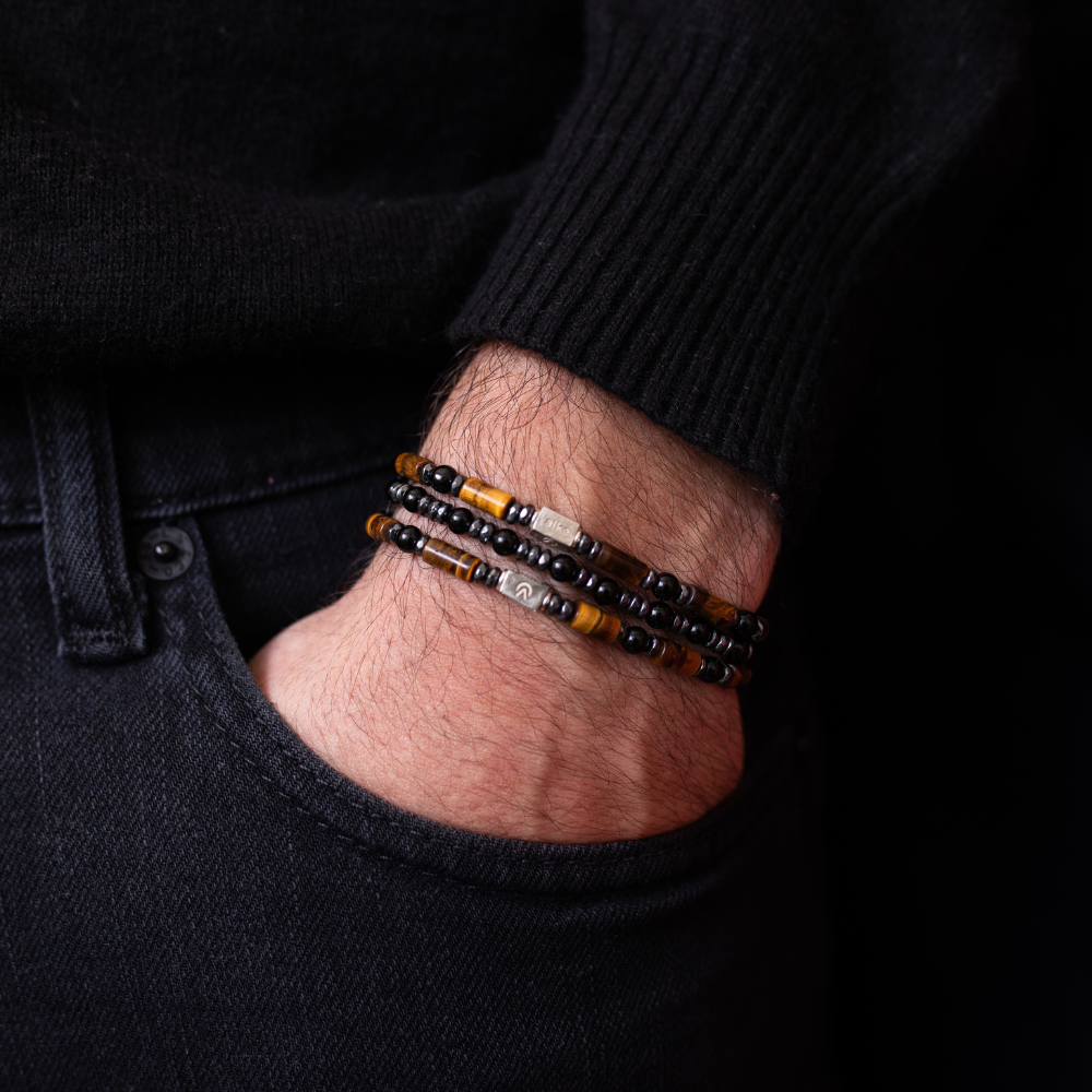 Pulseira Masculina Olho de Tigre e Ágata Negra