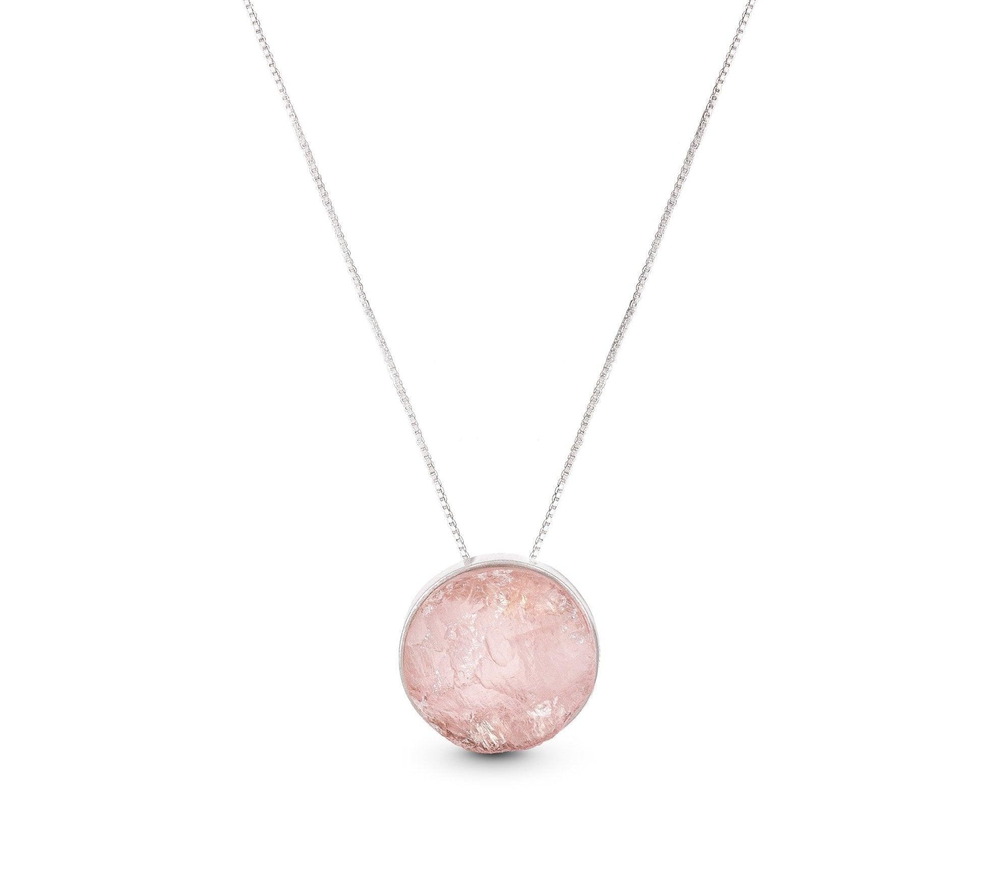 Pingente Redondo em Prata 950 com Quartzo Rosa - Alke
